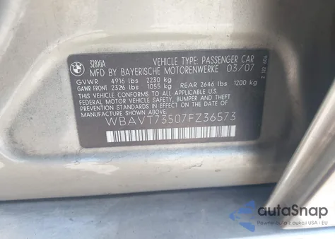2007 BMW 328Xi from USA, damaged, VIN WBAVT73507FZ36573